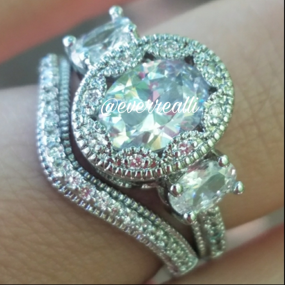 Silver Three Stone Oval Cut Fancy Halo Diamond Ring - Picture 8 of 8